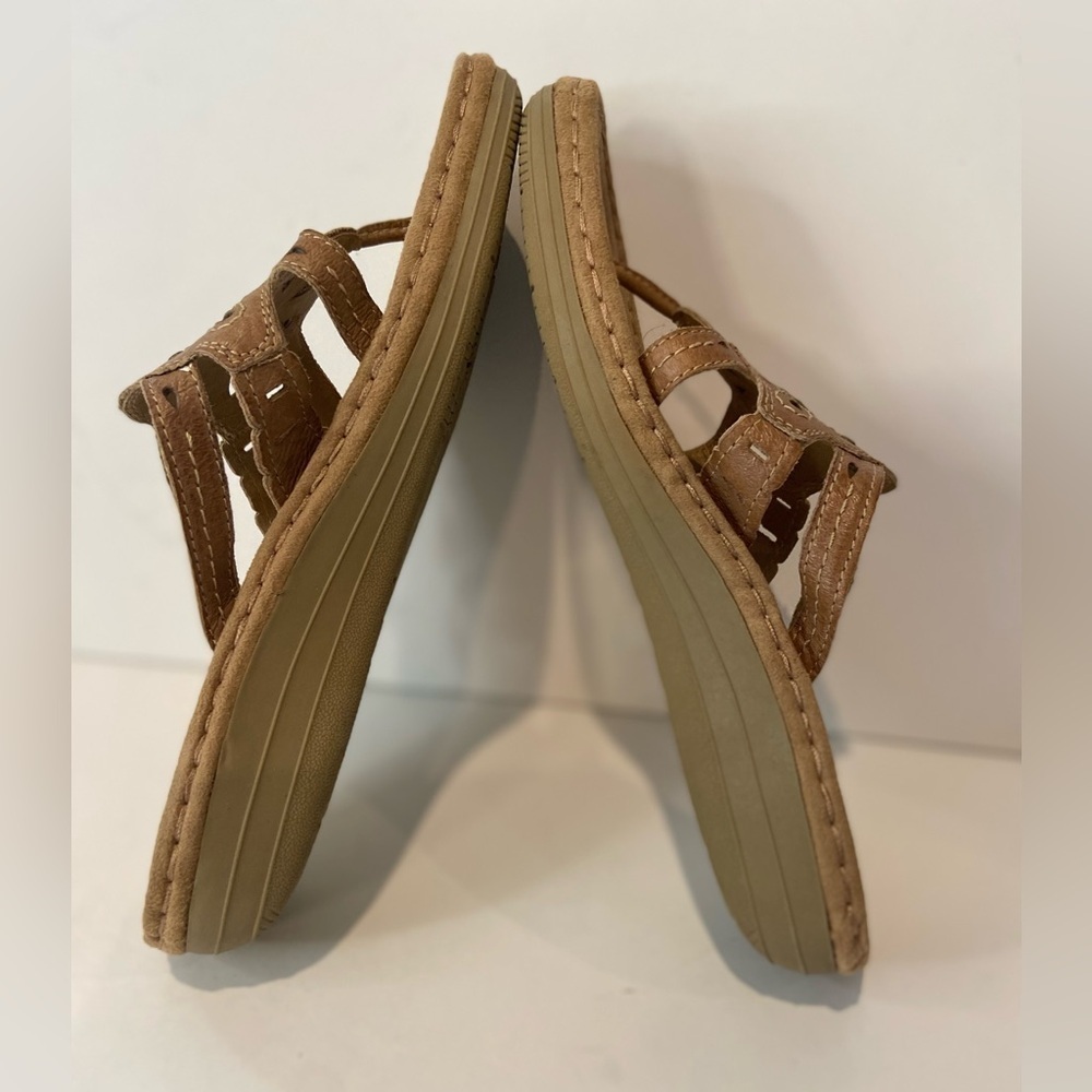 Michel Meynard~Comfy~Tan Leather~Cut-Out Triple Strap~Thong Wedge Sandal~Size 10 - Picture 9 of 12